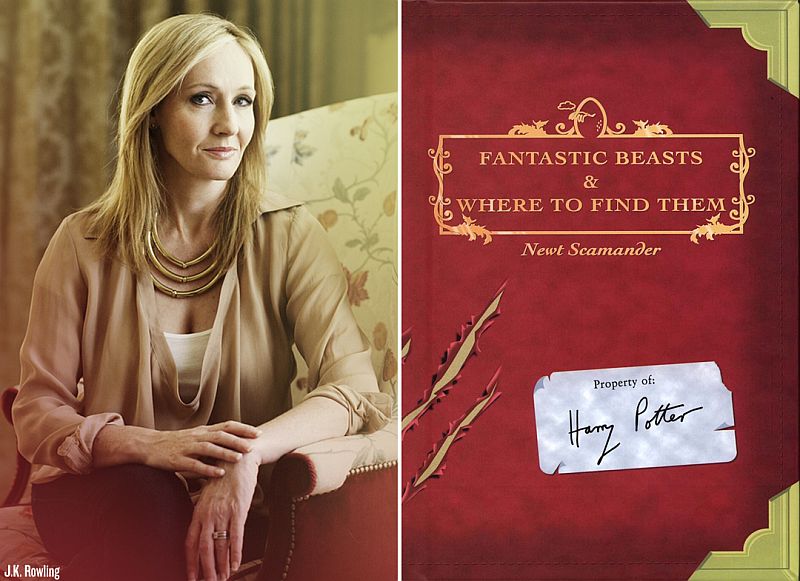 Photo courtesy of www.feelguide.com: Side-by-side photo of Author Fantastic Beasts and Where to Find Them author, J.K. Rowling, and her aforementioned book. (http://www.feelguide.com/2013/09/12/warner-brothers-j-k-rowling-announce-epic-new-series-of-harry-potter-inspired-films-set-in-1930/)