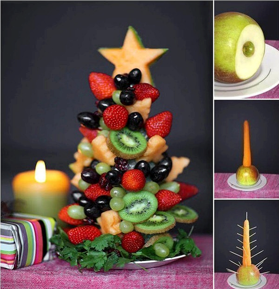 Photo from goodshomedesign.com http://www.goodshomedesign.com/fruit-christmas-tree-awesome-home-christmas/  Fruits and vegetables are a healthy alternative to sugary holiday treats. Pictured above is a step-by-step for how to create an edible vegetable and fruit Christmas tree.