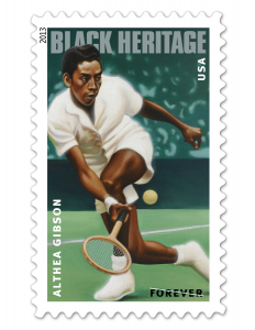 Photo from http://www.larattlers.org Althea Gibson is featured on the 36th stamp in the Black Heritage Series. Gibson is the first female athlete to be commemorated in this series.