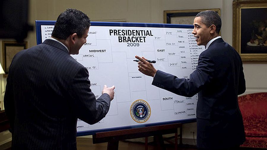 Photo by Peter J. Souza, current Chief Official White House photographer for President Barack Obama and the director of the White House Photography Office.  United States President Barack Obama filled out his picks for the NCAA Men's Division I Tournament when he shared his "Barack-etology" with ESPN's Andy Katz on March 18, 2009.