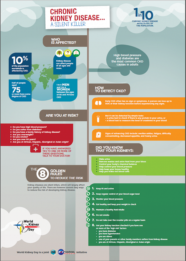 Image from http://www.worldkidneyday.org/resources/2015-campaign-materials/ In this infographics about kidneys and kidney disease, you can find some facts and figures on Chronic Kidney Disease (CKD) and useful information on how kidneys work and how to keep them healthy.