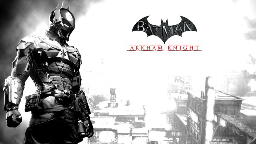 Graphic by - etcpb.com. Robotic ‘Arkham Knight’ suit is seen next to Batman video game’s new ad logo.