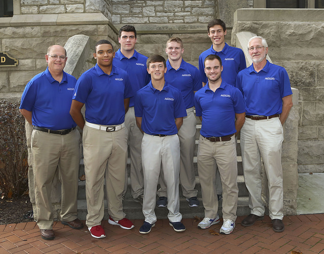 The 2015-2016 Trailblazers Golf Team members are, front low from left to right, Assistant Coach Alan Bruha, Jabarri Quarles, Anderson Simpson, Brian Gebben, Head Coach Gerald Mozur; back row, Caleb Burk, Dustin Duncan, and Joaquin Perez. (Photo provided by: L&C Flickr)