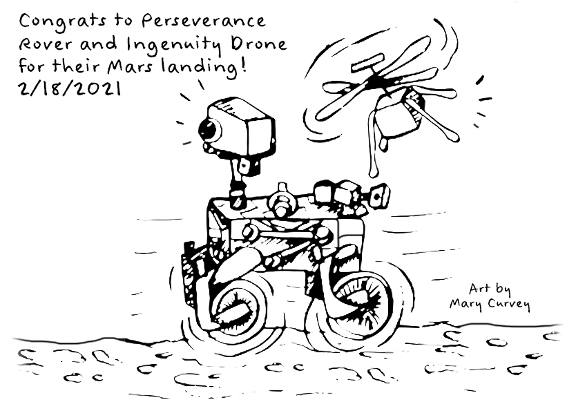 Perseverance Rover and Ingenuity Drone cartoon image.