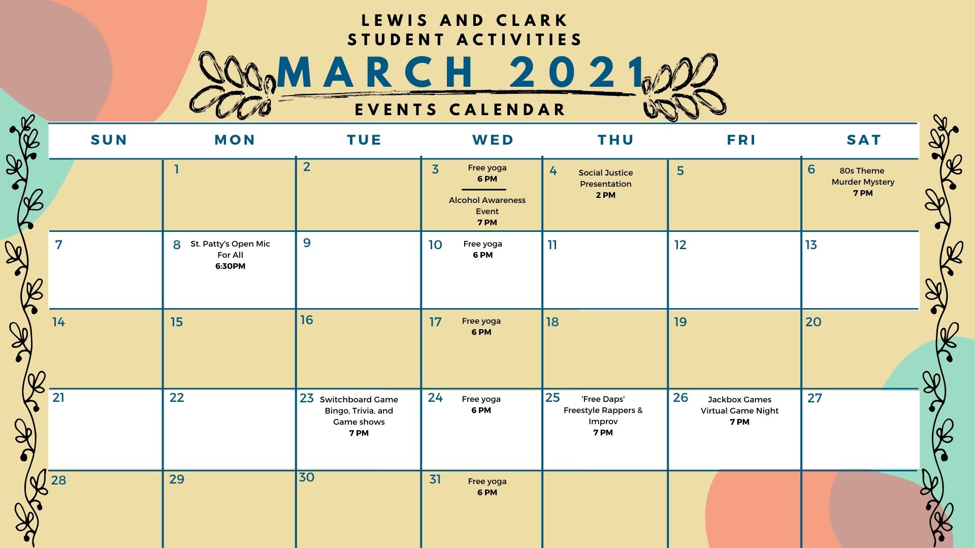 S A Events Calendar For March