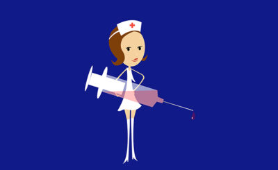 image of a cartoon nurse holding a giant vaccine syringe