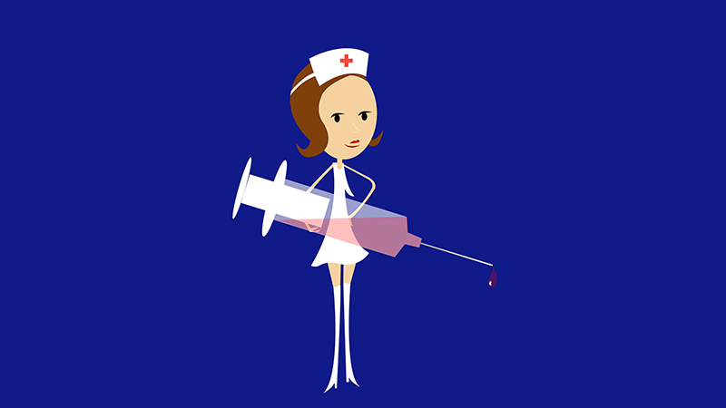 image of a cartoon nurse holding a giant vaccine syringe
