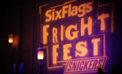 Big Light up sign that says Six Flags Fright Fest.