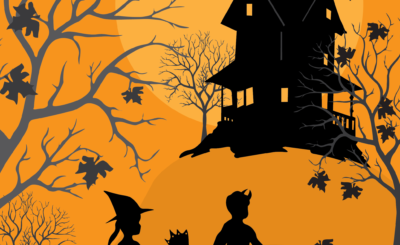 Trick or treat graphic of kids walking in front of haunted mansion on hill
