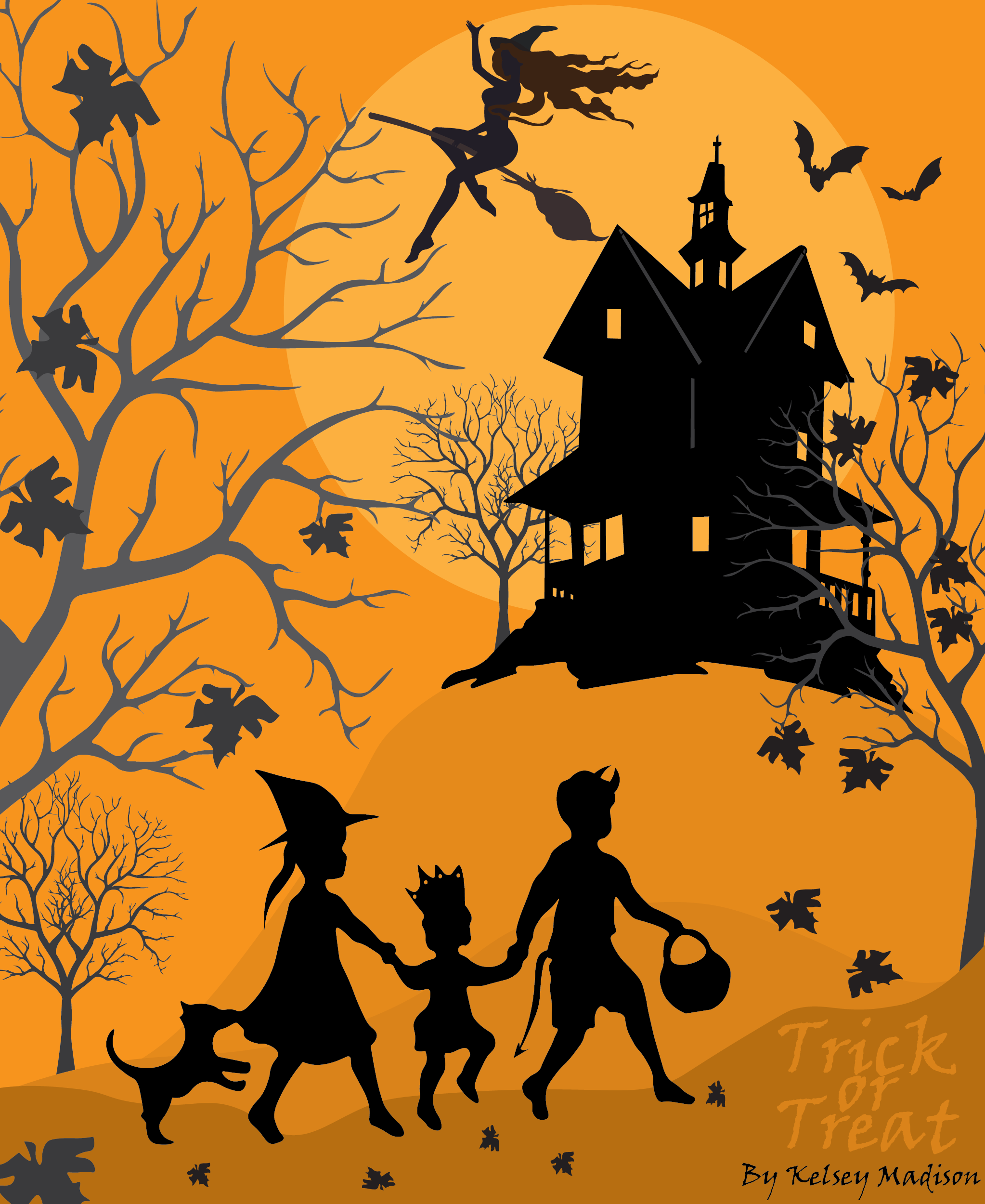 Trick or treat graphic of kids walking in front of haunted mansion on hill