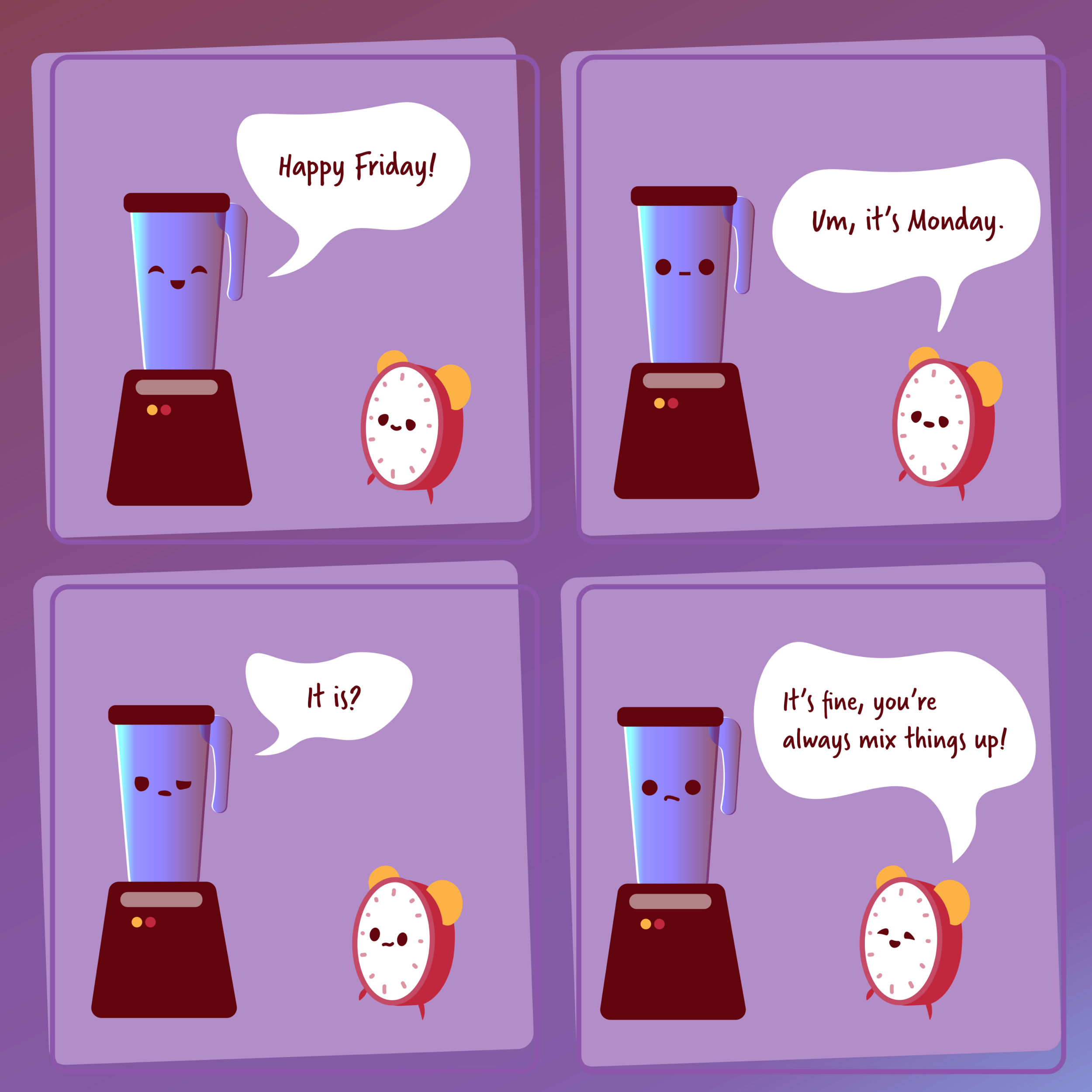 Comic of blender talking with alarm clock about mixing times up