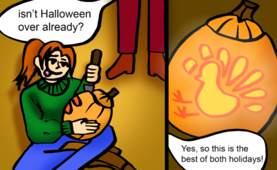 Comic of someone carving a pumpkin after halloween