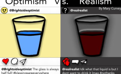 cartoon depicting a glass half full of water versus a red liquid