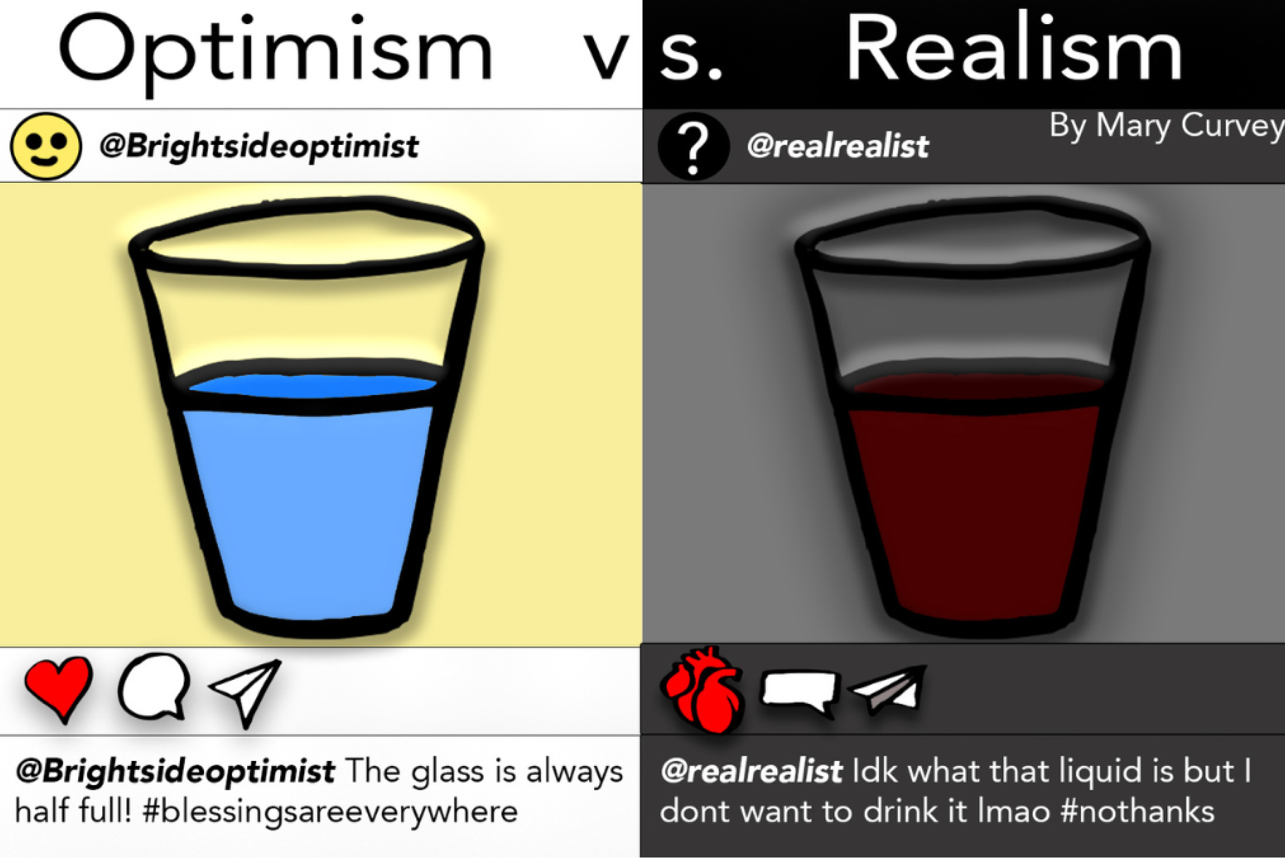 cartoon depicting a glass half full of water versus a red liquid