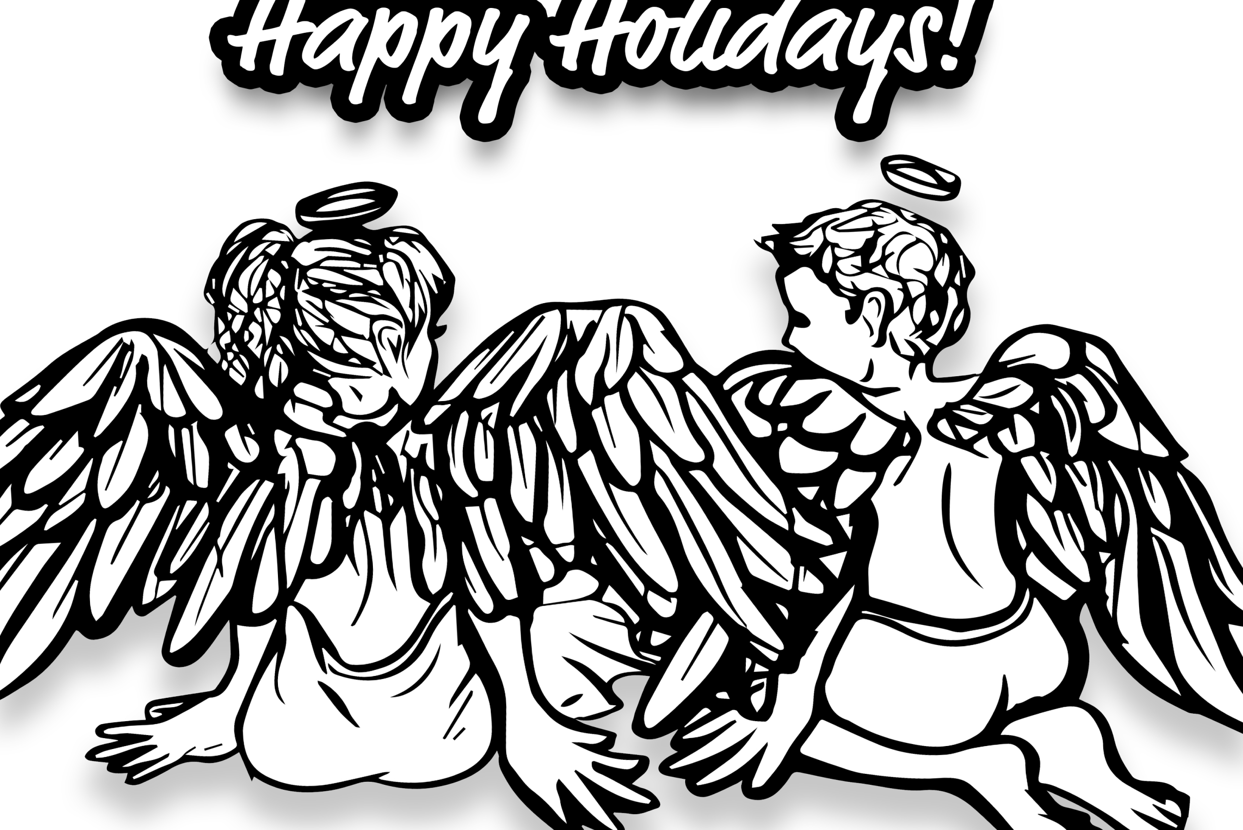 Coloring page with two angels siting side by side and the word happy holidays above them