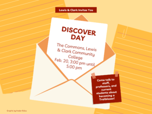 An illustrated envelope is open to reveal an invitation to Discover Day. The text for the invite reads "The Commons, Lewis and Clark Community College, February twentieth, three PM until five pm. Above the invite is a banner that reads "Lewis and clark invites you". Below is a post it note that reads "come talk to staff, professors, and current students about becoming a trailblazer" Graphic by Avalon Eales