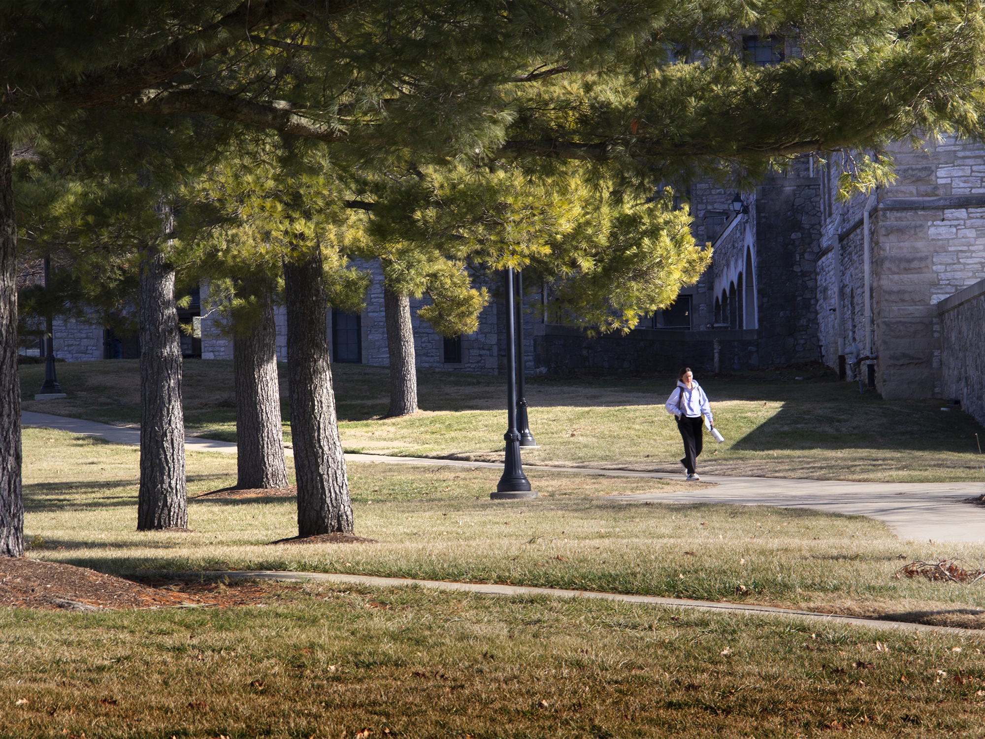 Student walks down a pact on Lewis & Clark campus.