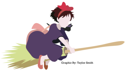 Cartoon witch with red ribbon in her hair flying on broom