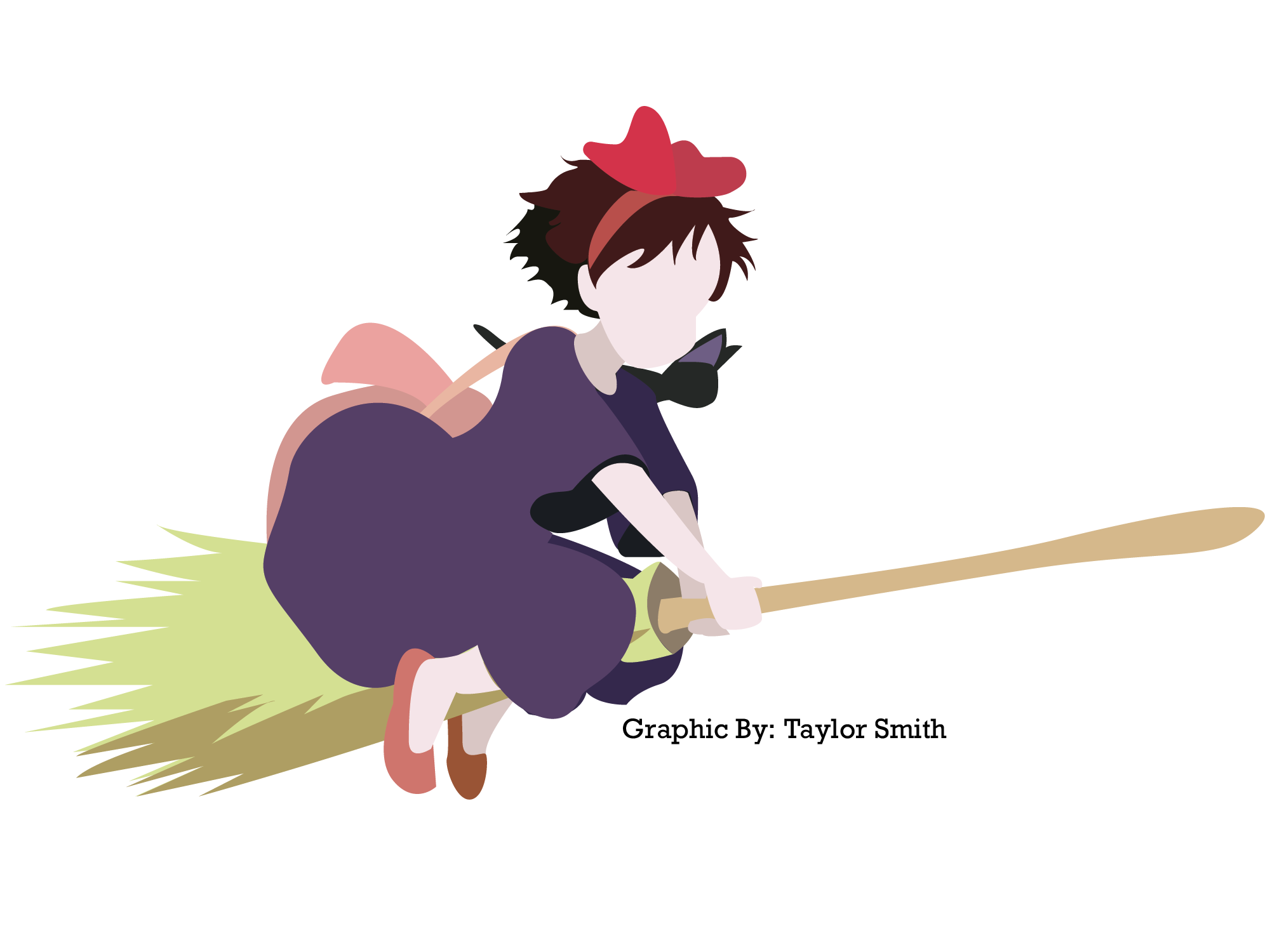 Cartoon witch with red ribbon in her hair flying on broom