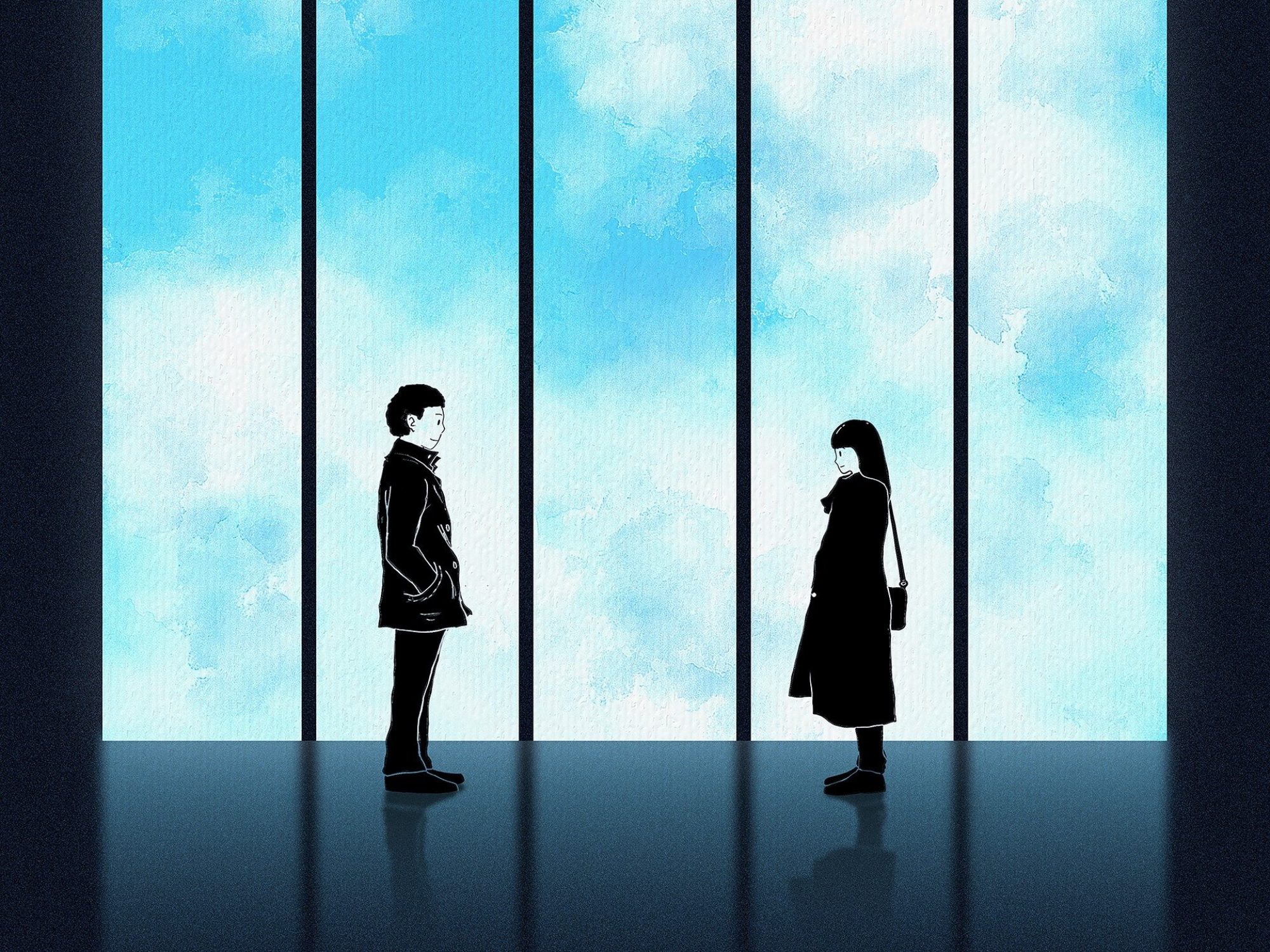 Sky background with a male and female figure facing each other