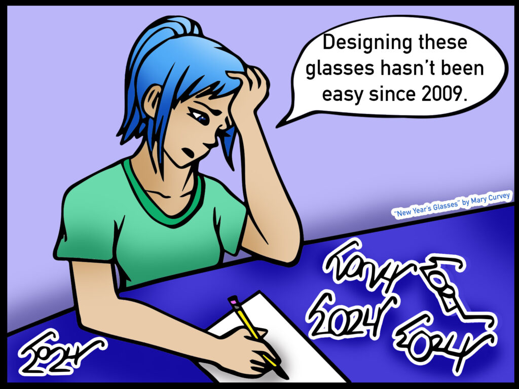 Girl frustrated at desk designing new years glasses