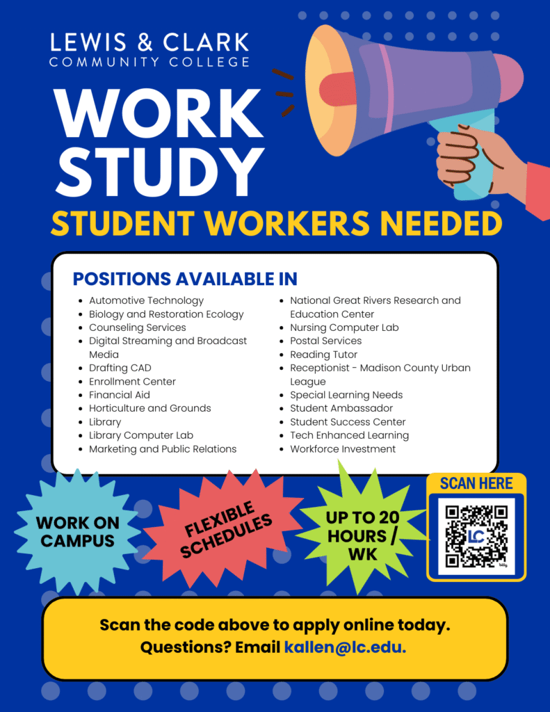 Work study opportunities now available. Visit Financial Aid to learn more.