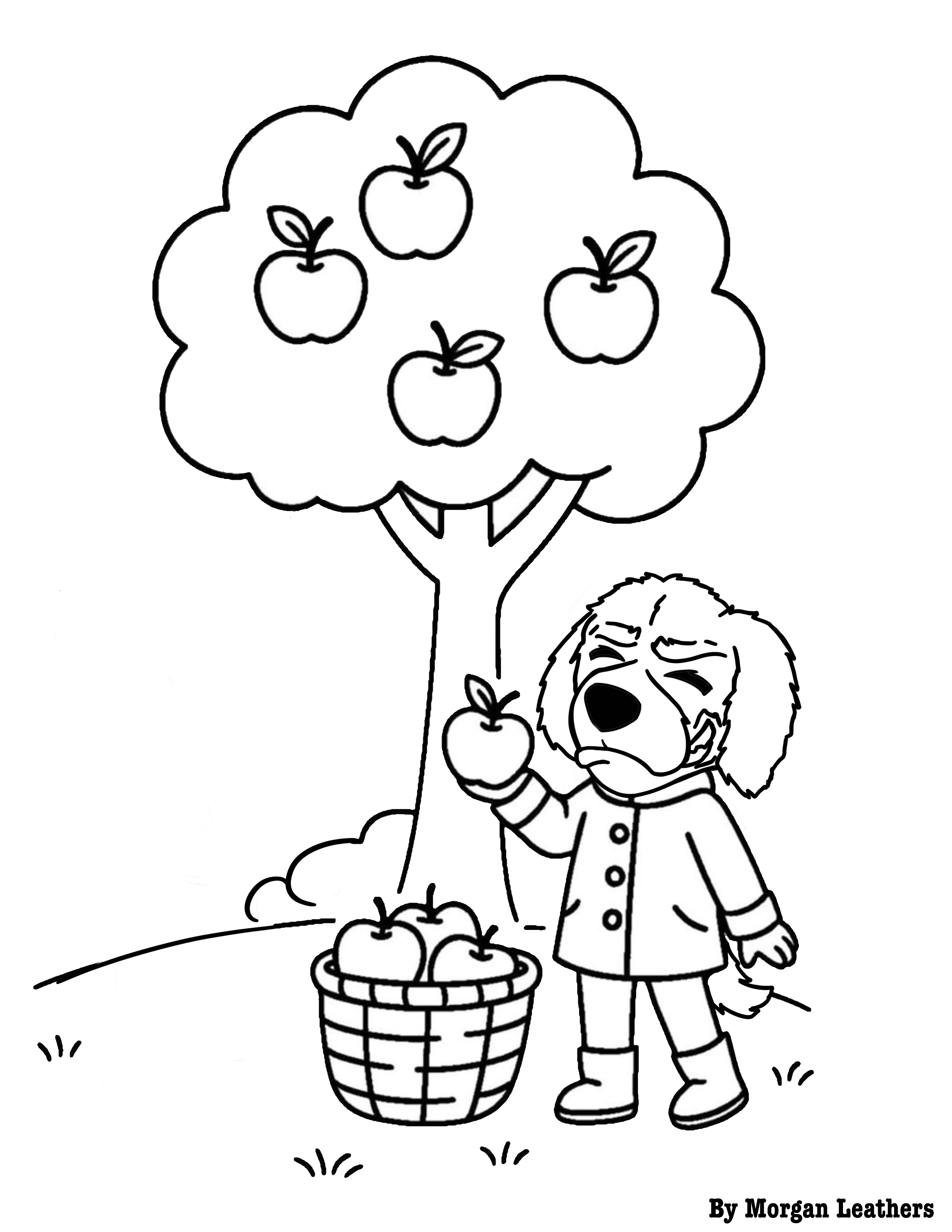 A coloring page of LCCC's mascot, Blazer, picking apples.