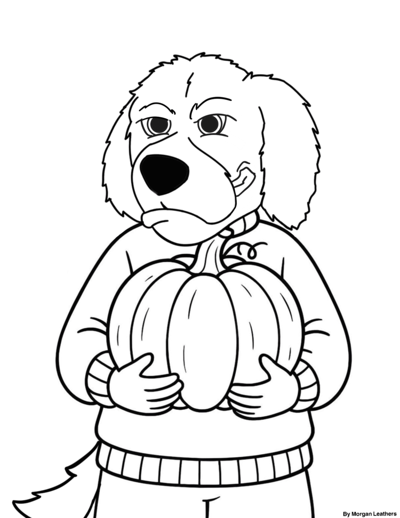 A coloring page of LCCC's mascot, Blazer, holding a pumpkin.