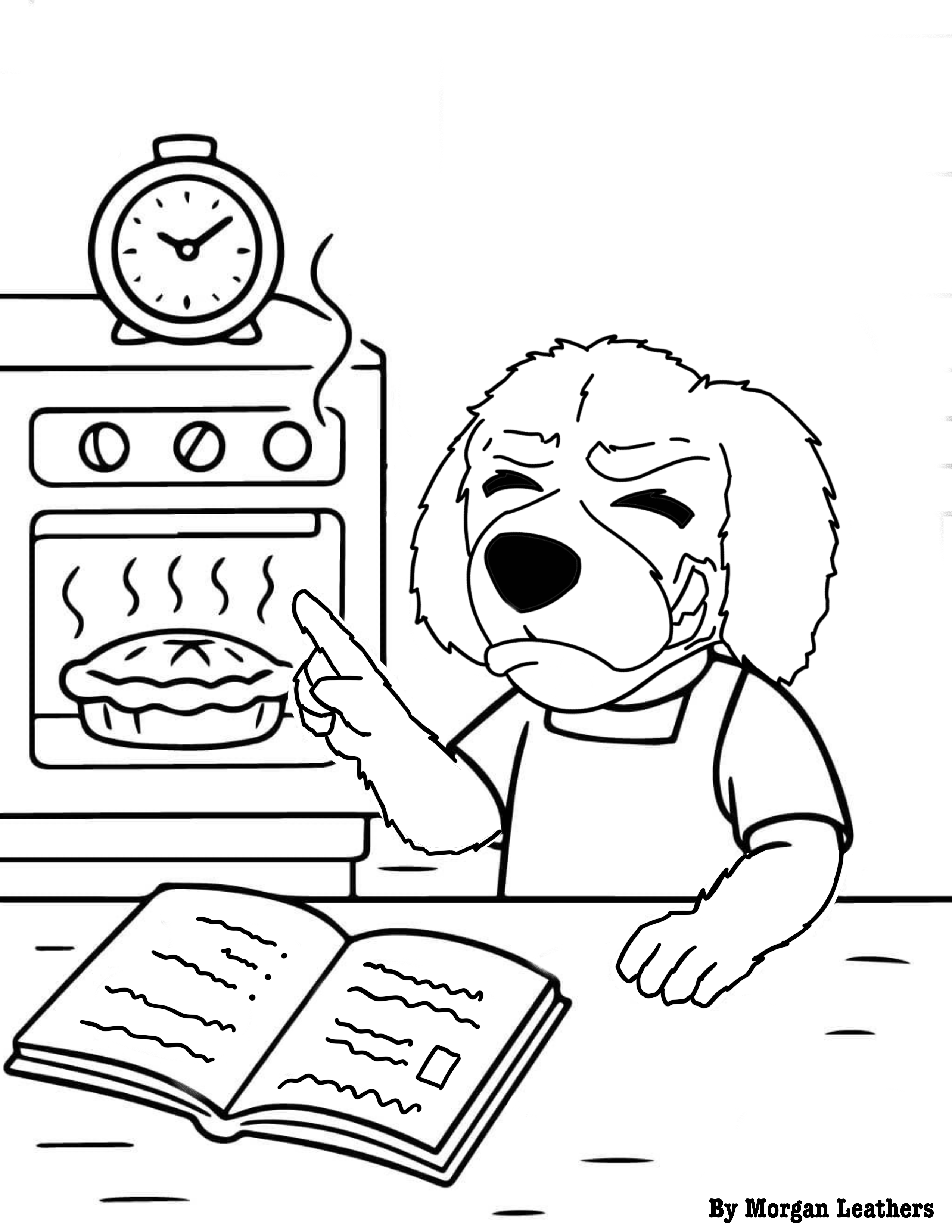 Coloring page of LCCC's mascot, Blazer, baking a pie
