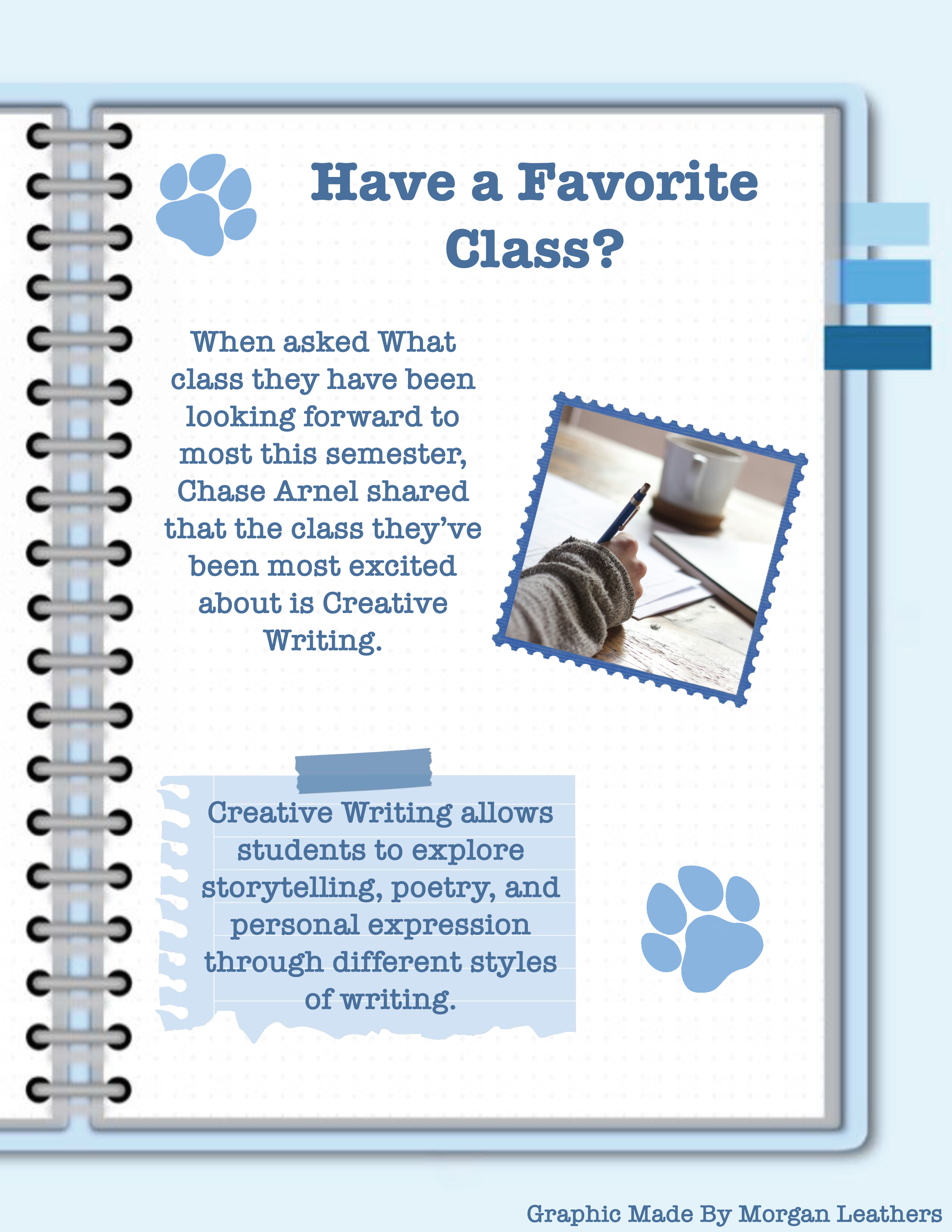 Have a favorite class?

when asked what class they have been looking forward to most this semester Chase Arnel shared that the class they've been most excited about is creative writing.

creative writing allows students to explore storytelling poetry and personal expression through different styles of writing.