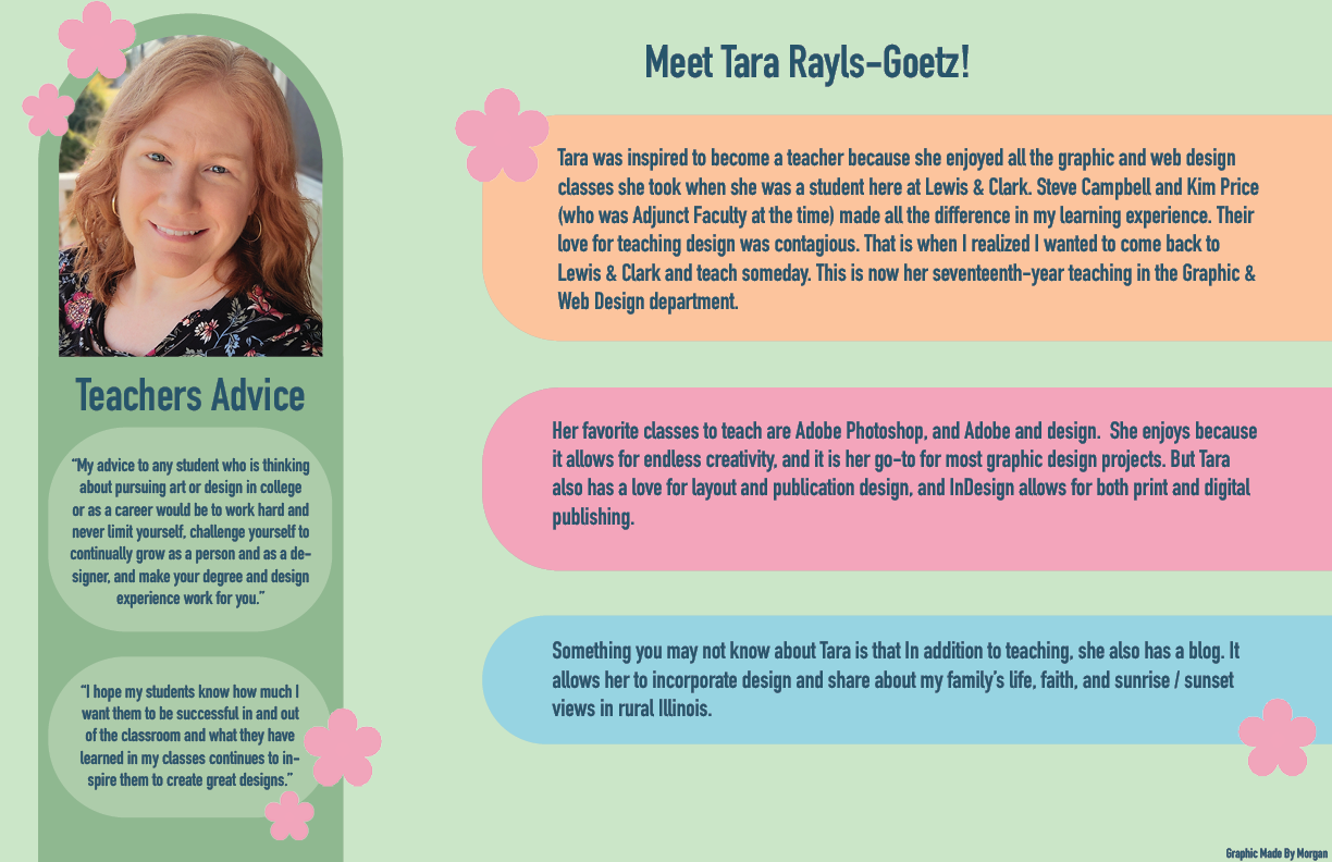 Portrait of Tara Rayls-Goetz, a teacher at Lewis and Clark Community College, sharing her favorite classes to teach, advice for students, and inspiration for becoming a teacher.