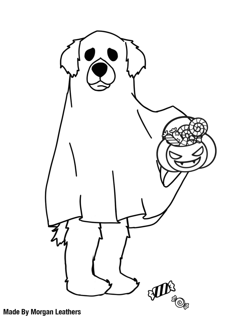 A coloring page of LCCC's mascot, Blazer, going Trick or Treating dressed as a ghost. 