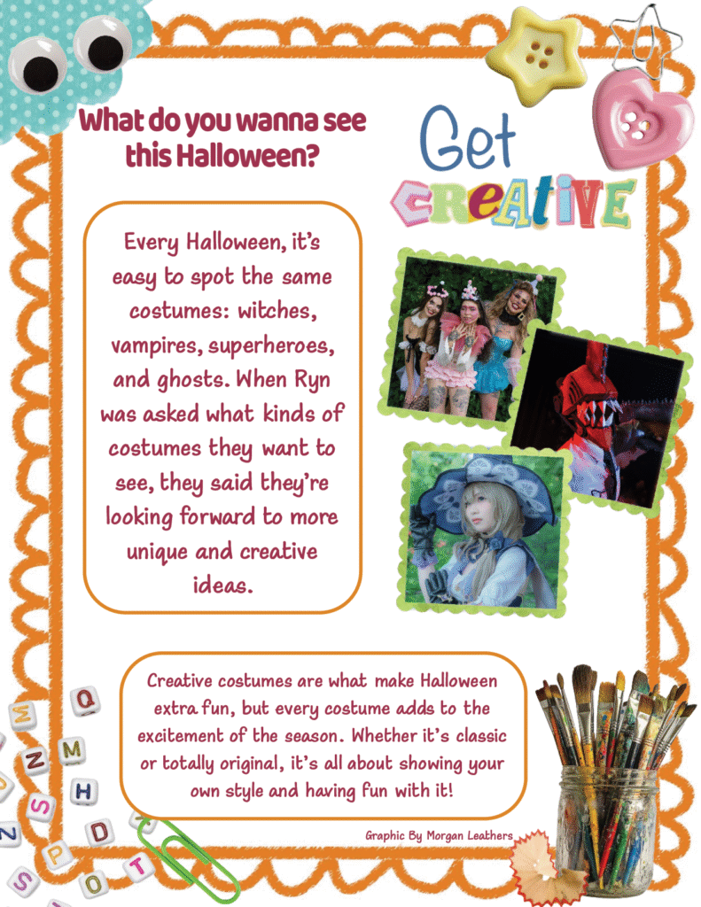 What do you wanna see this Halloween?

Every Halloween, it’s easy to spot the same costumes: witches, vampires, superheroes, and ghosts. When Ryn was asked what kinds of costumes they want to see, they said they’re looking forward to more unique and creative ideas.

Creative costumes are what make Halloween extra fun, but every costume adds to the excitement of the season. Whether it’s classic or totally original, it’s all about showing your own style and having fun with it!