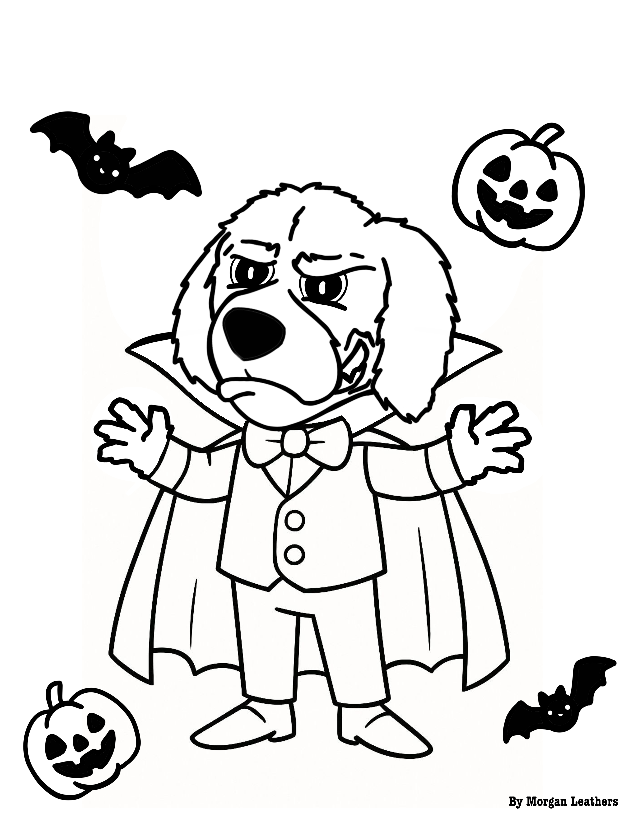 Coloring page of Lewis and Clark Community College's mascot, Blazer, dressed as a vampire for Halloween. 