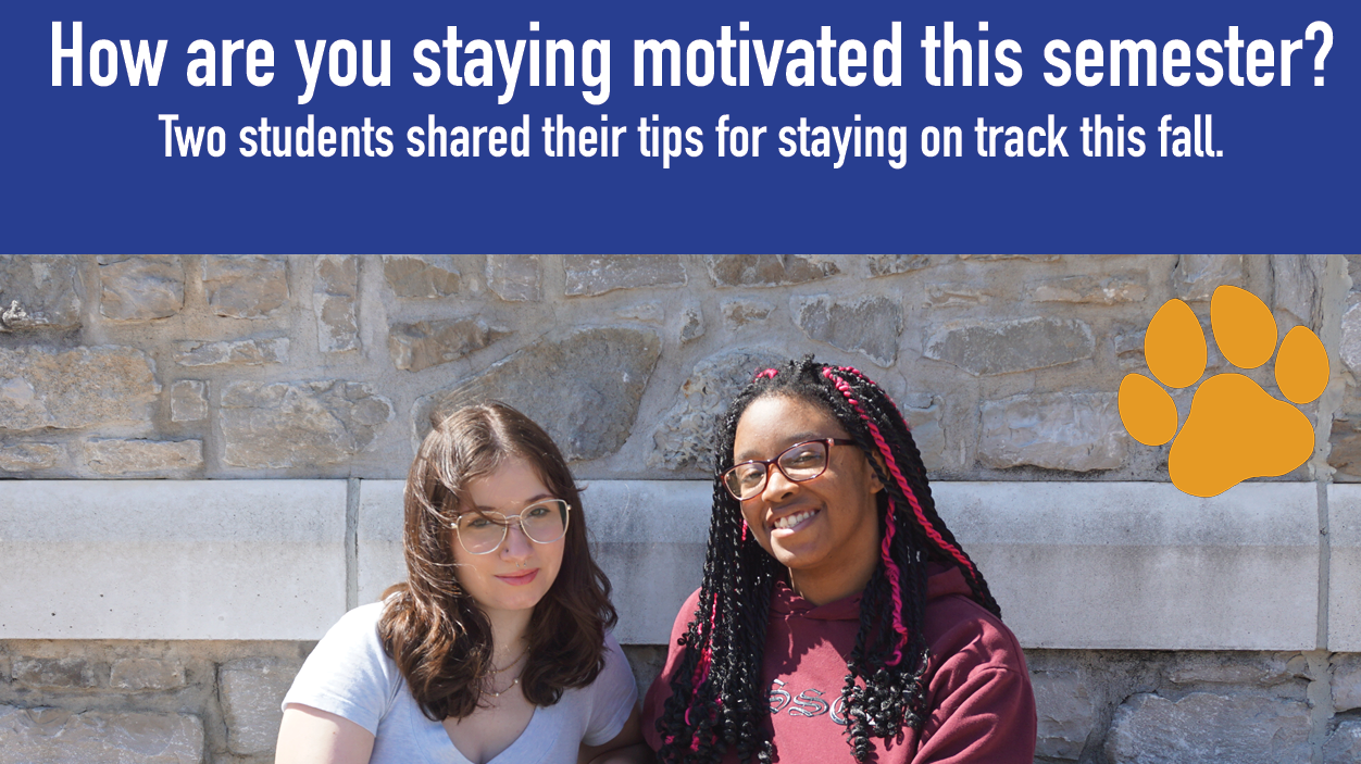 Two students sharing study tips and staying motivated during the fall semester.