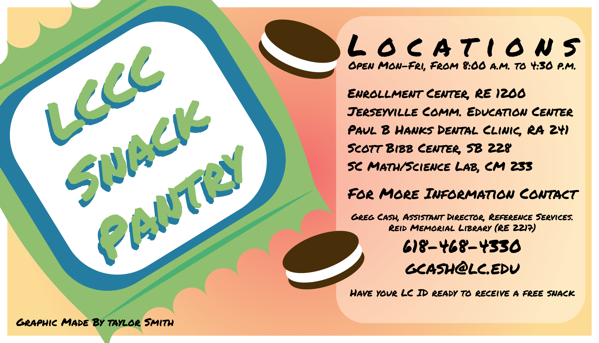 Snack Pantry information graphic showing locations, open days and times, and contact info for students.