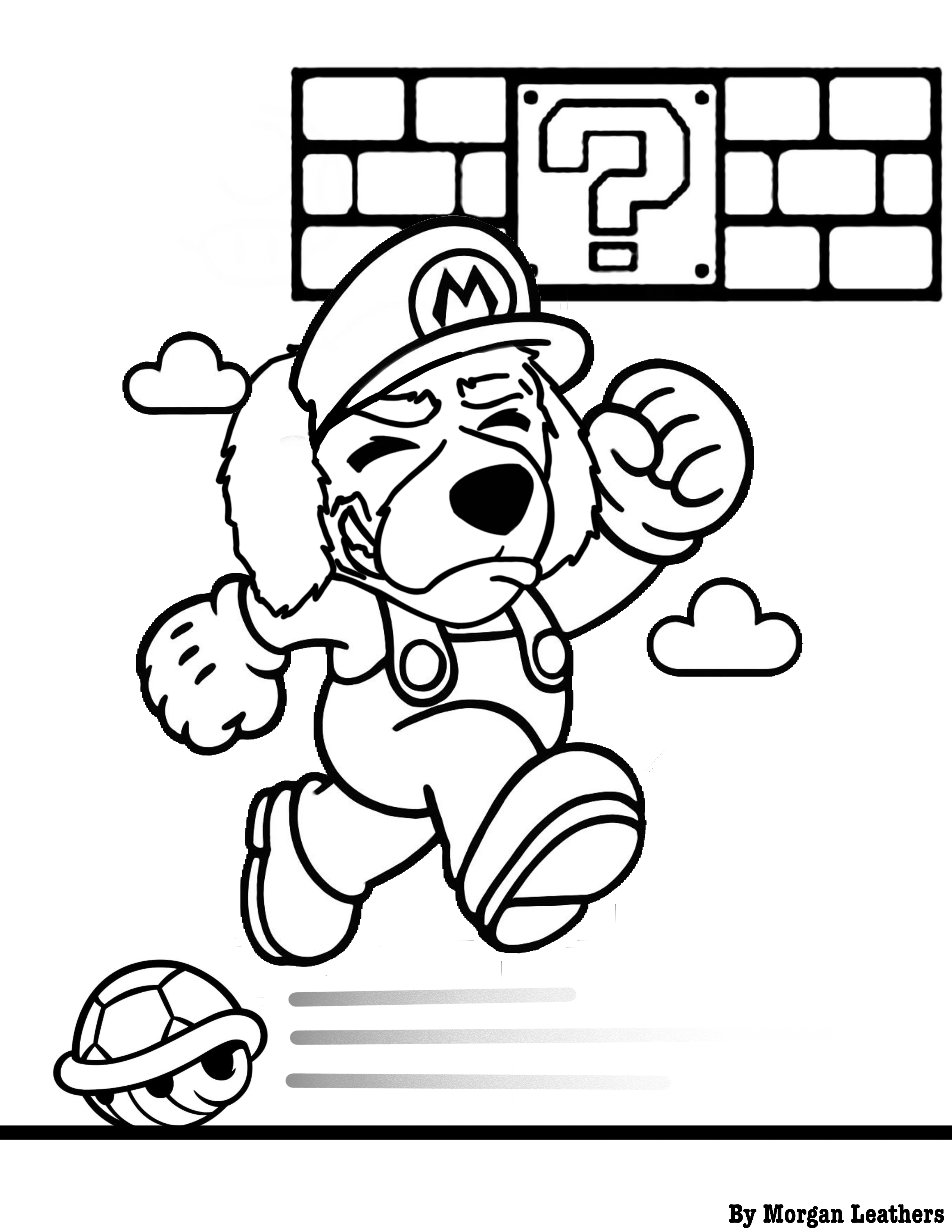 Illustration of Lewis and Clark Community College's mascot, Blazer, dressed as Mario, jumping over a turtle shell in a Mario-style world with brick and question mark blocks above.