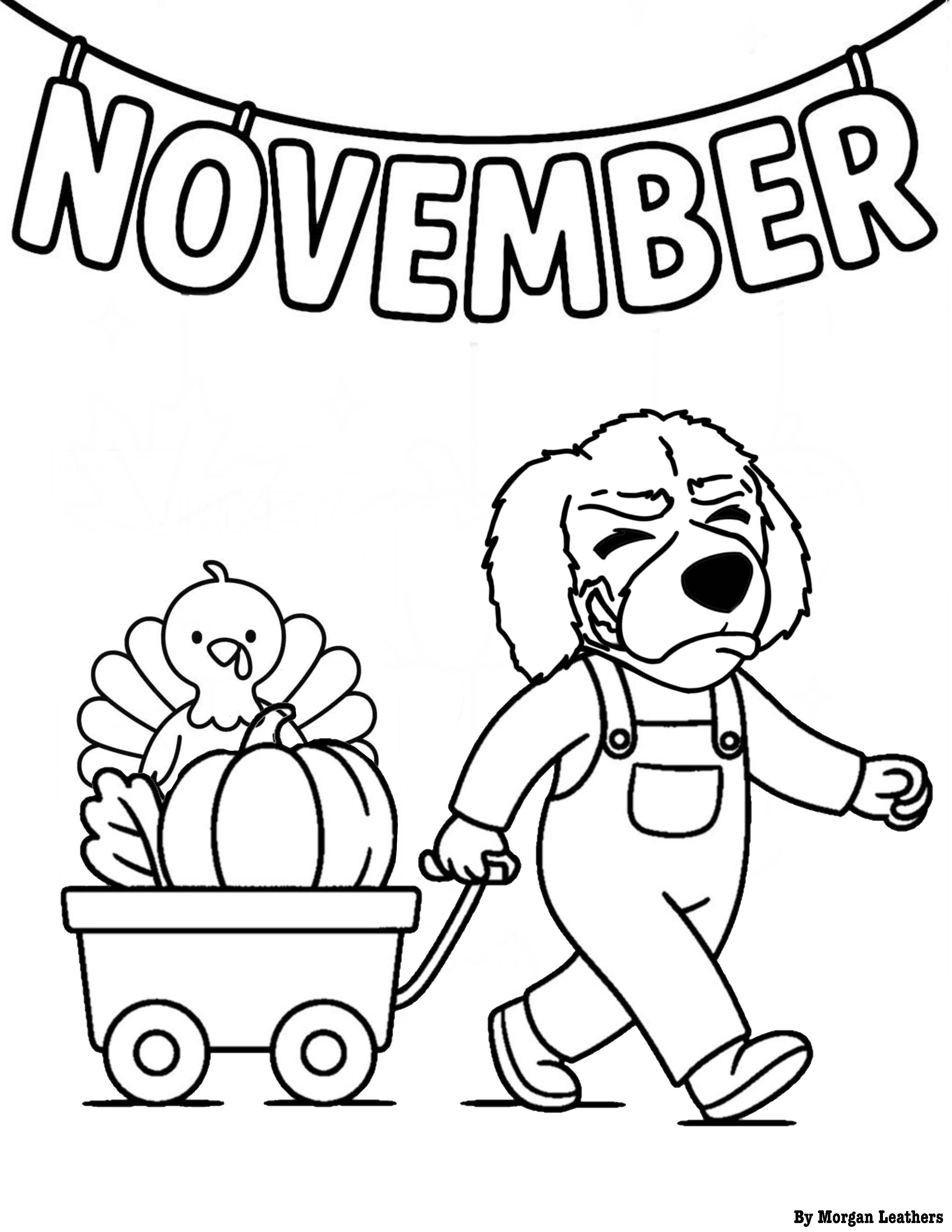 Coloring page of Lewis and Clark Community College's mascot, Blazer, with a wagon, pumpkin, and turkey.