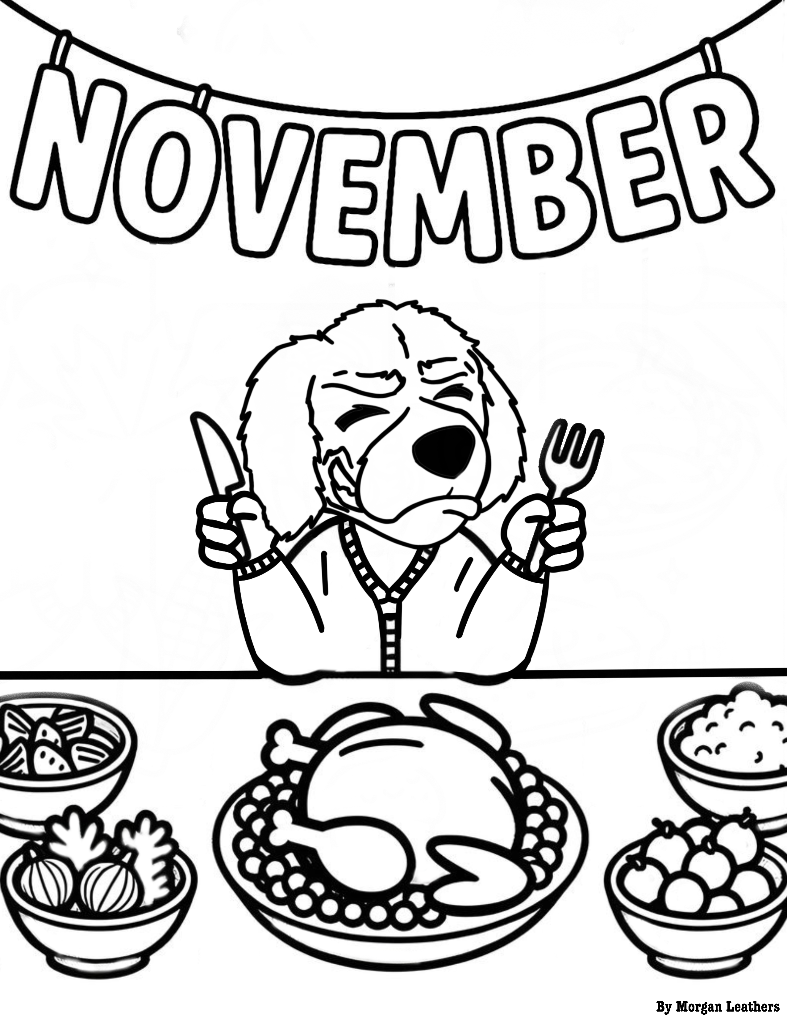 Coloring page of Lewis and Clark Community College's mascot, Blazer, having a Thanksgiving meal