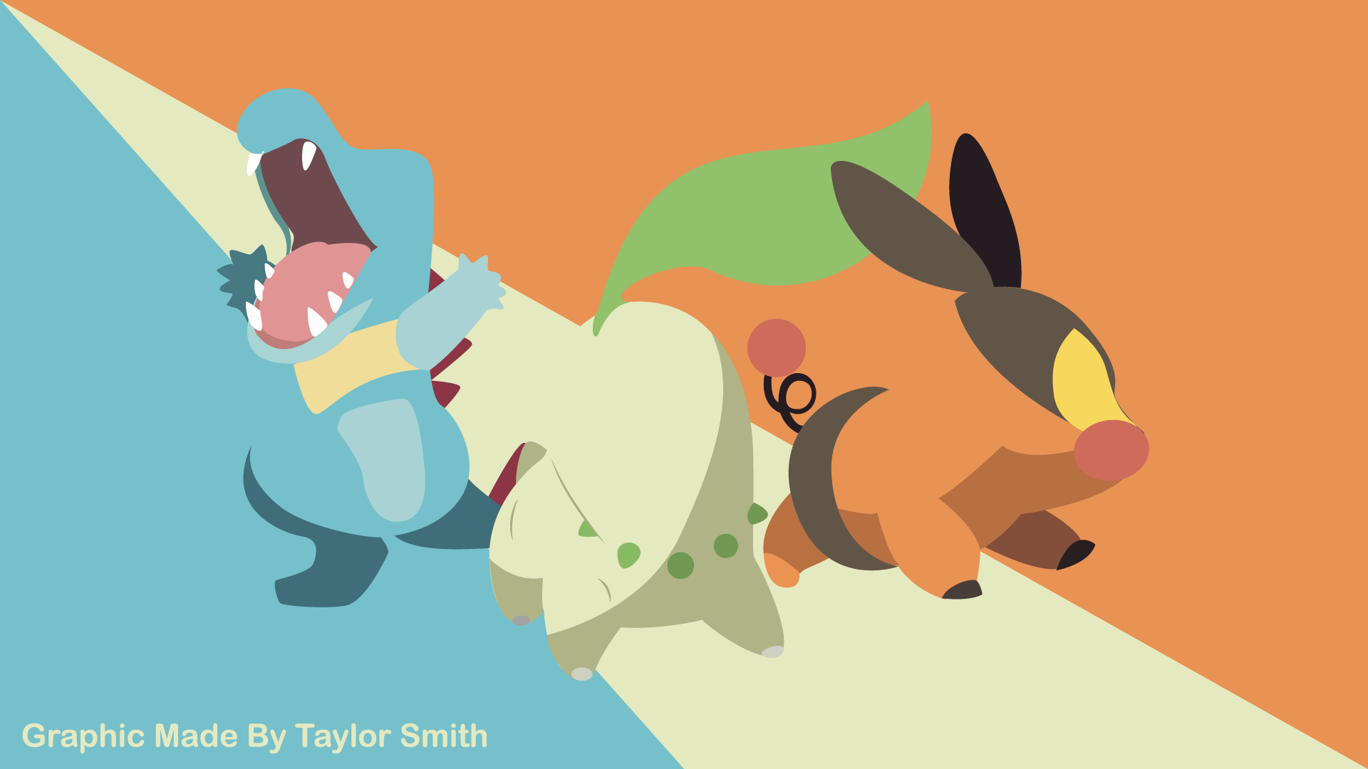 Graphic of Pokémon on a colorful blue, light green, and orange background.