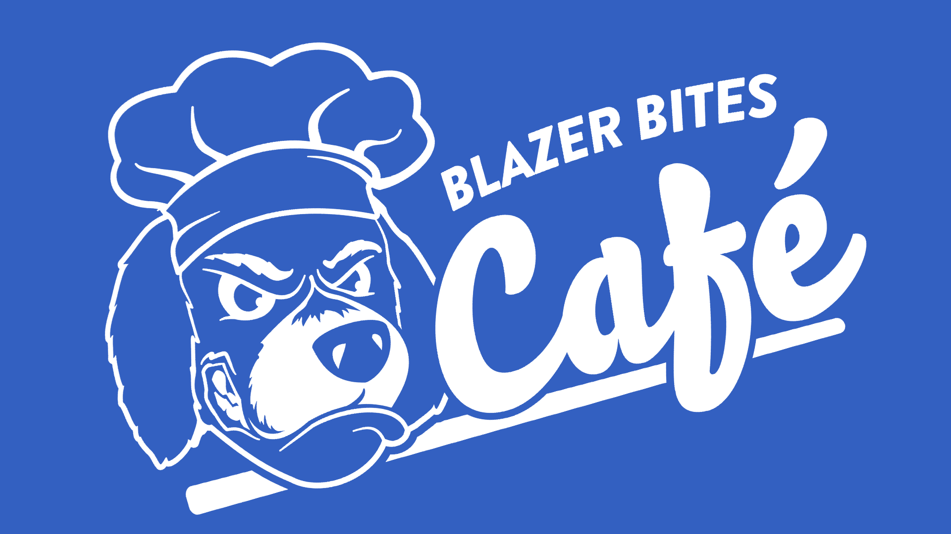 Blue background with Lewis and Clark Community College's, mascot, Blazer's face next to text that says "Blazer Bites Cafe"