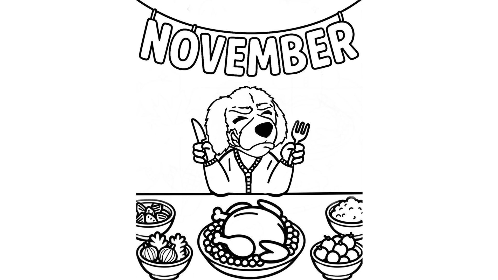 Preview of the coloring sheet of Blazer having a Thanksgiving meal.