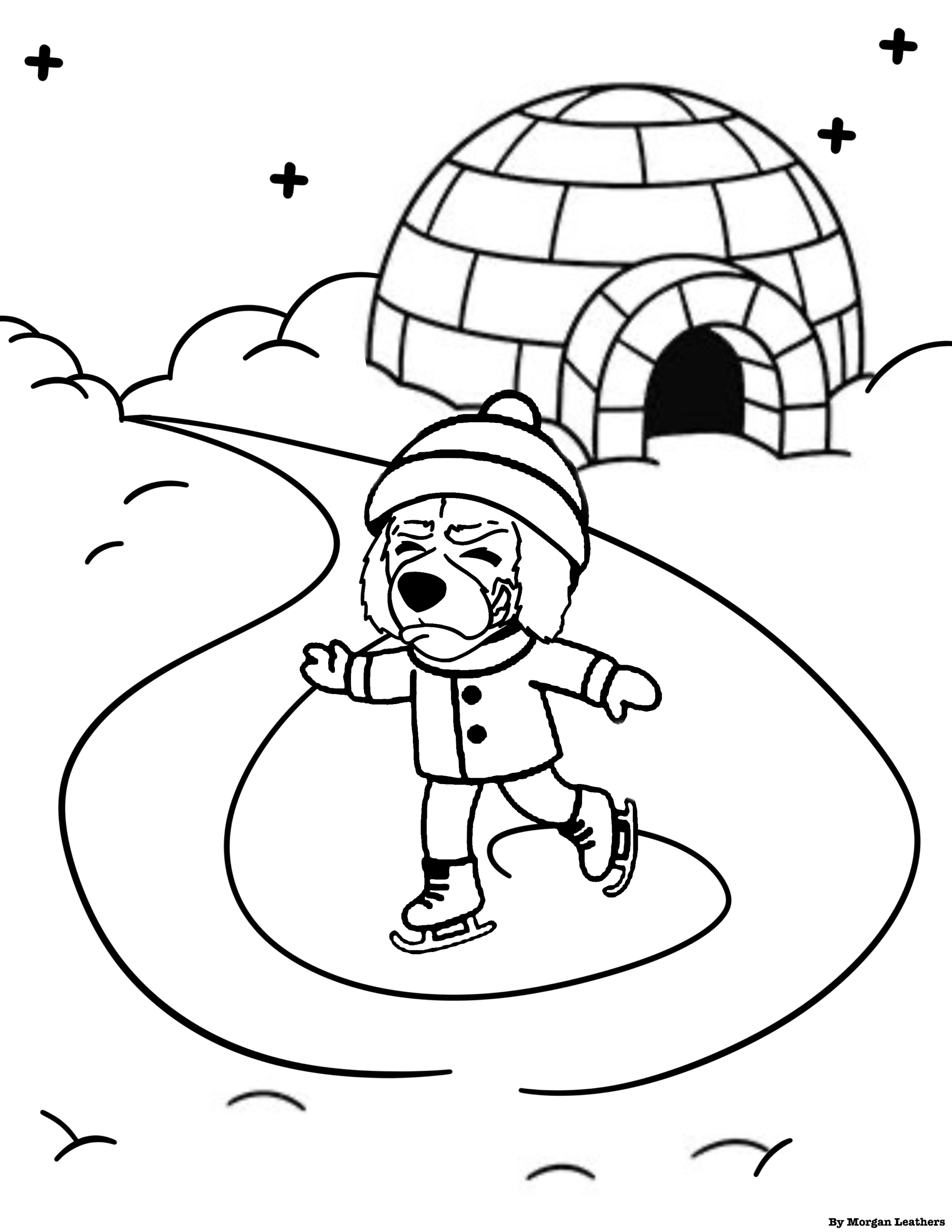 Coloring page of Blazer ice skating with an igloo in the background