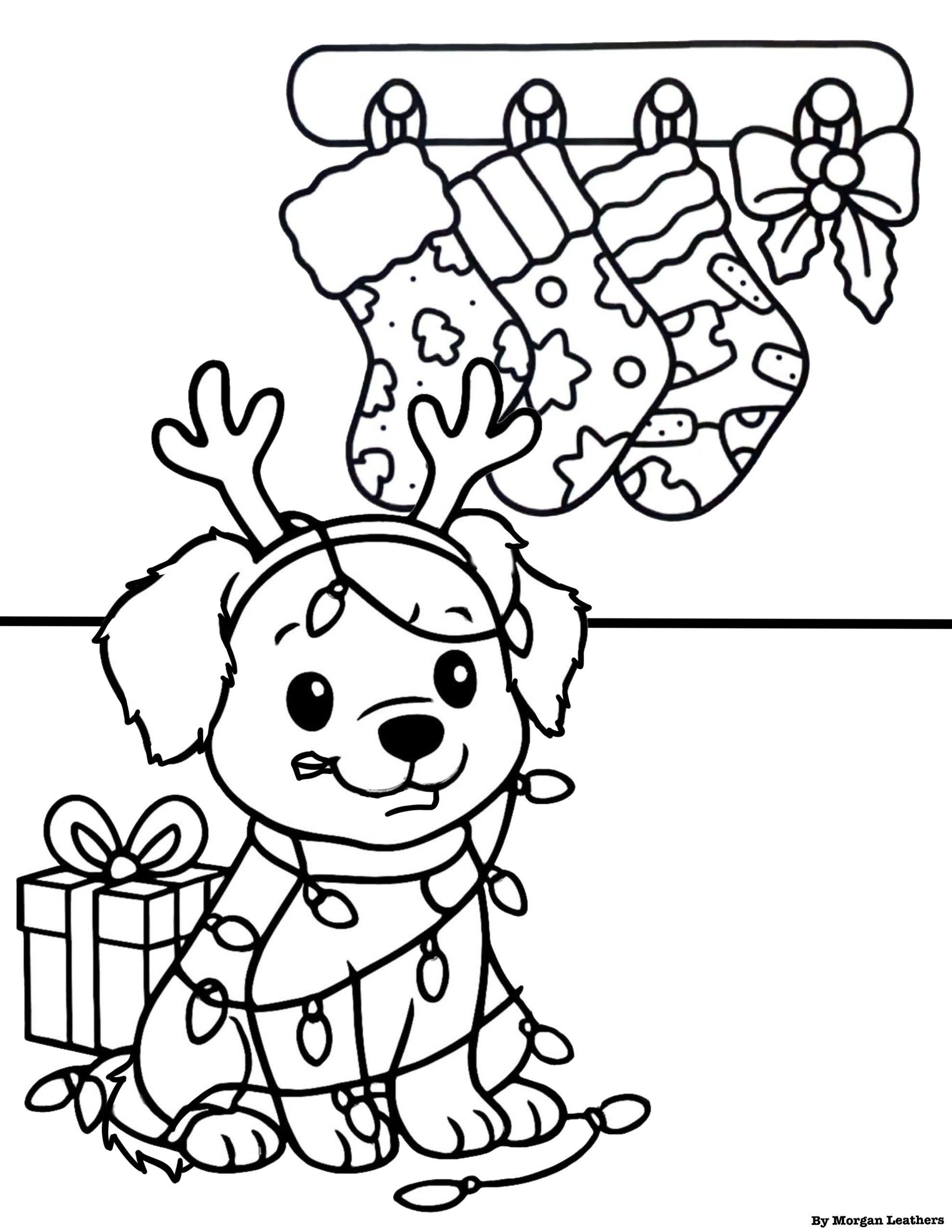 Coloring page of a puppy wearing reindeer antlers, tangled in Christmas lights, sitting in front of a present and stockings