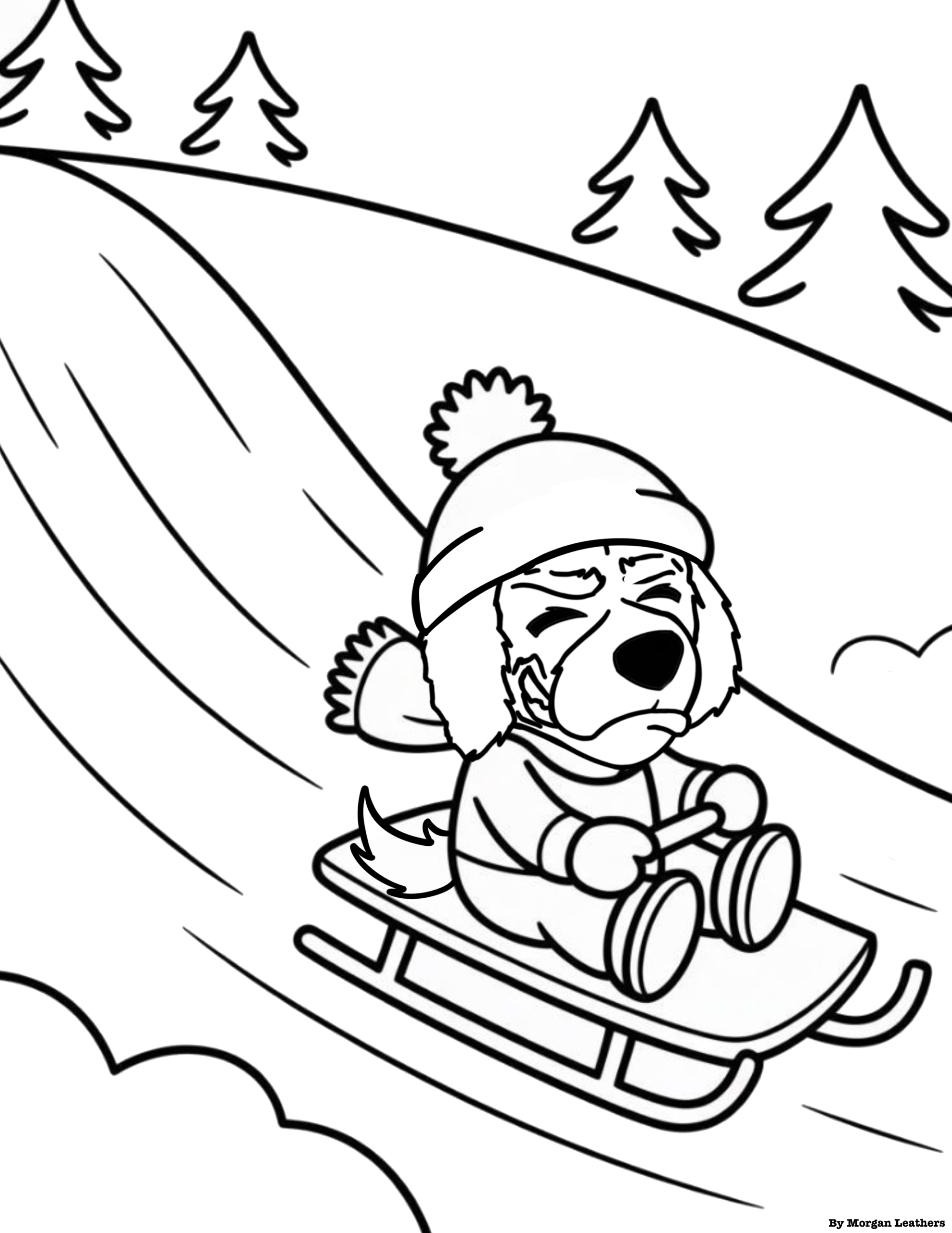 Coloring page of Blazer sledding down a snowy hill