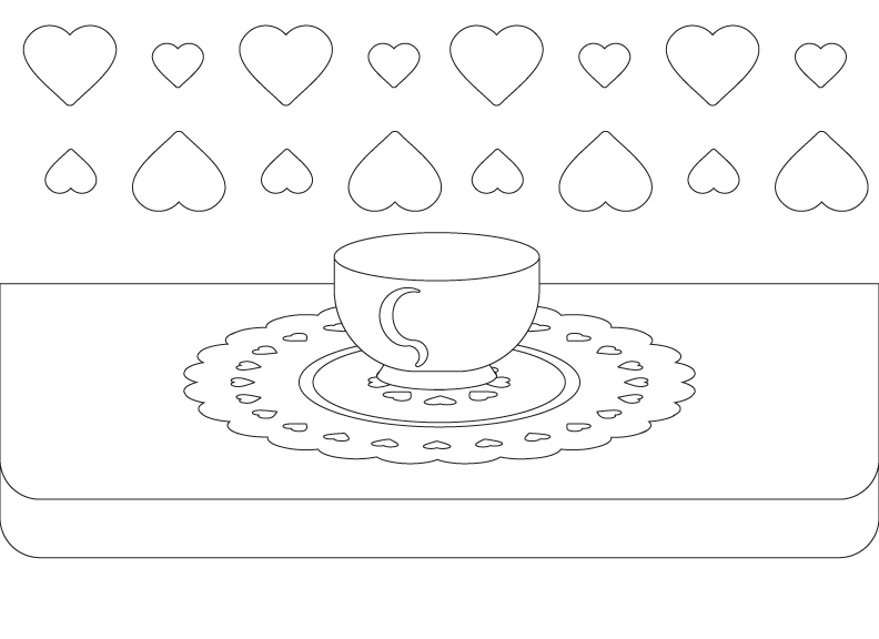 Coloring page of a tea cup on a lace coaster