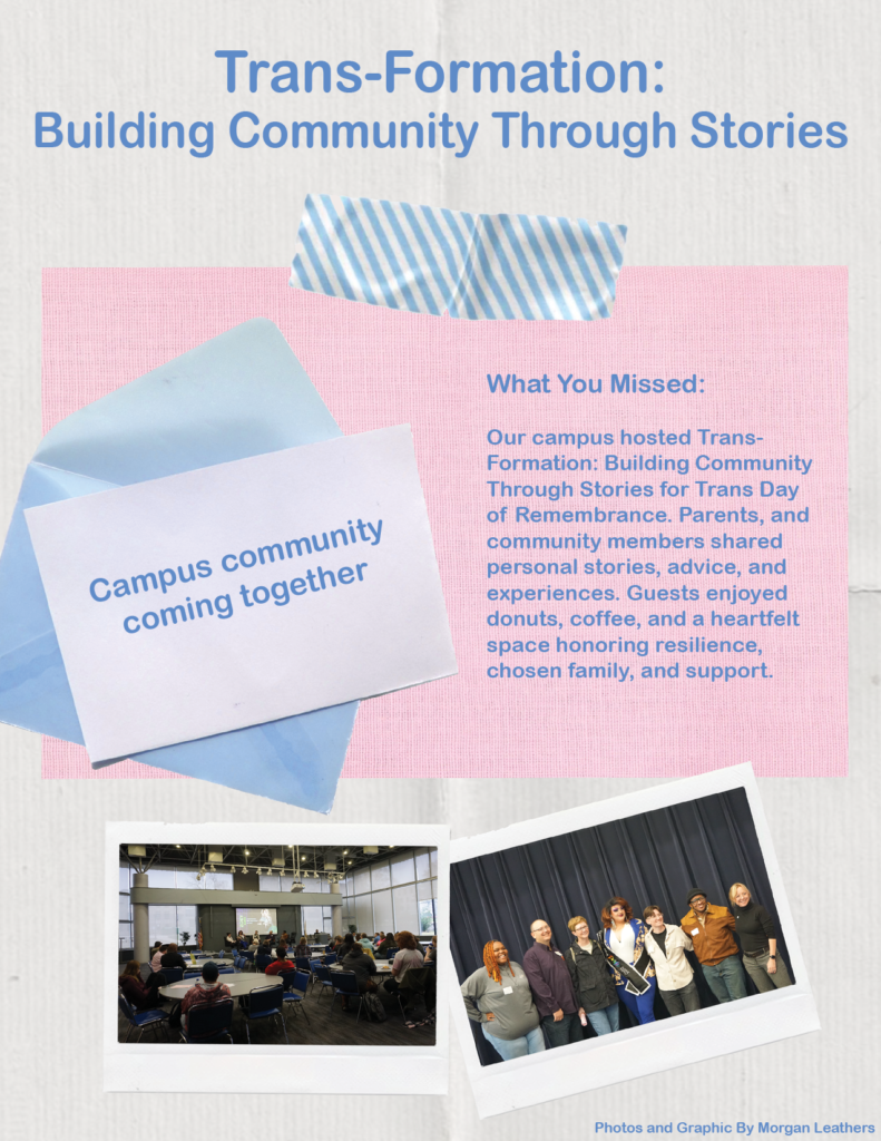 Trans-Formation: Building Community Through Stories 

 

Campus community coming together 

 

What You Missed:  

Our campus hosted Trans-Formation: Building Community Through Stories for Trans Day of Remembrance. Parents and community members shared personal stories, advice, and experiences. Guests enjoyed donuts, coffee, and a heartfelt space honoring resilience, chosen family, and support.  

 