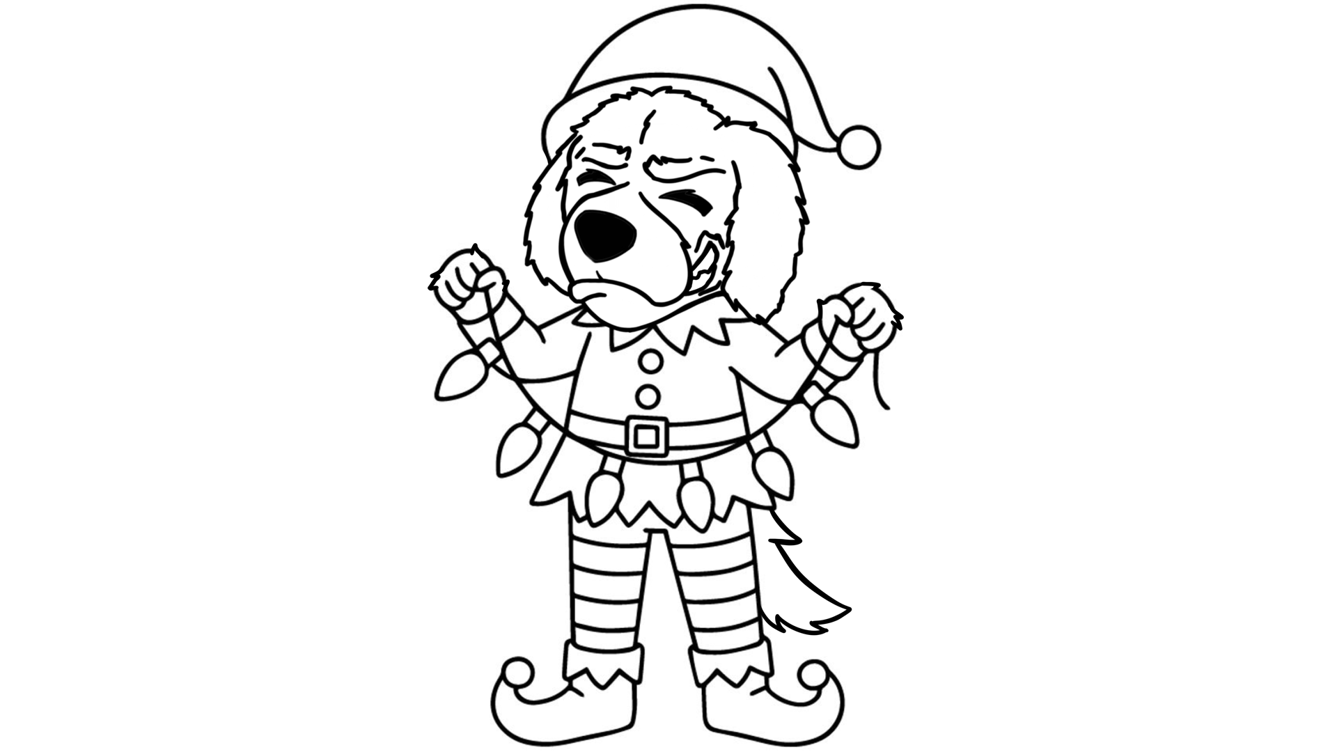 Coloring page of Blazer dressed as an elf holding a string of Christmas lights