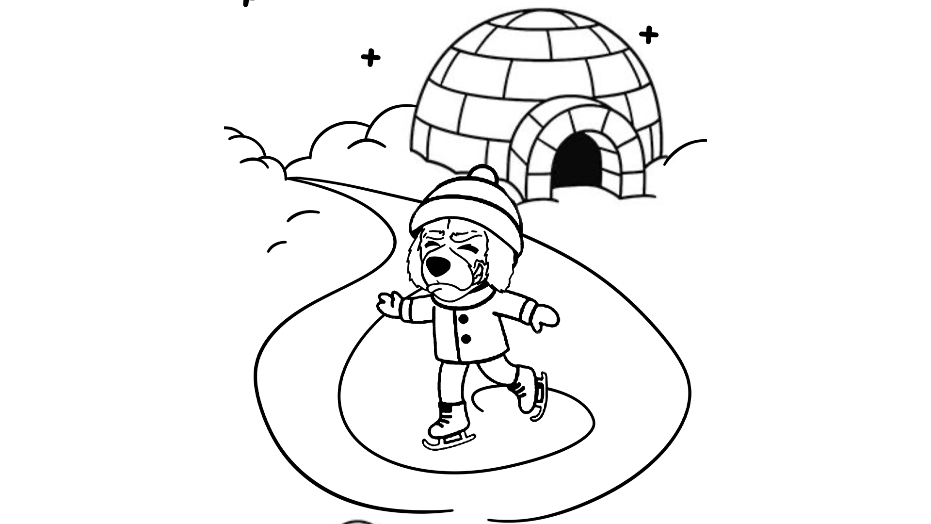 Coloring page of Blazer ice skating with an igloo in the background