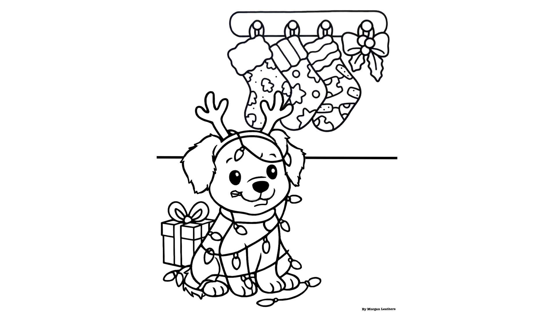 Coloring page of a puppy wearing reindeer antlers, tangled in Christmas lights, sitting in front of a present and stockings